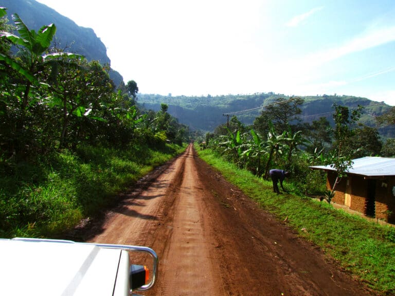 Our Landcruiser Golden Wonder on the road near Mount Elgon