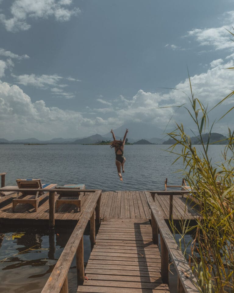Jumping into the lake at Mutanda Lake Resort