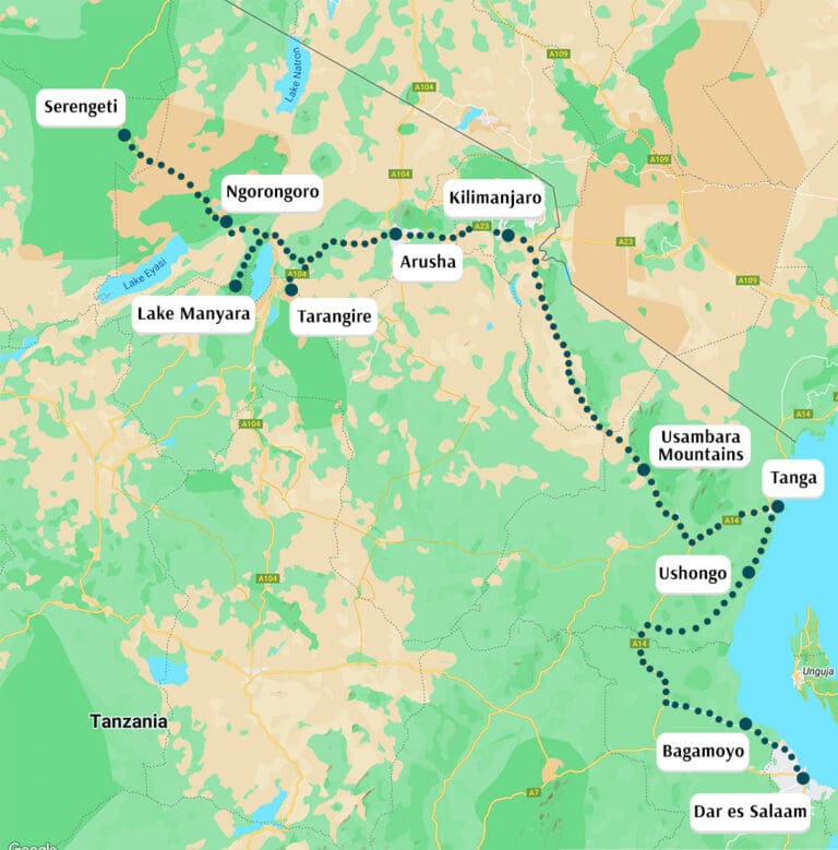Carte de l'itinéraire de la brousse à la plage en Tanzanie